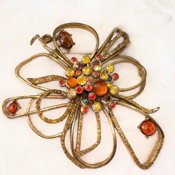 Vintage Gold Bronze Floral Rhinestone Brooch abstract art purse clip - Picture 1 of 4